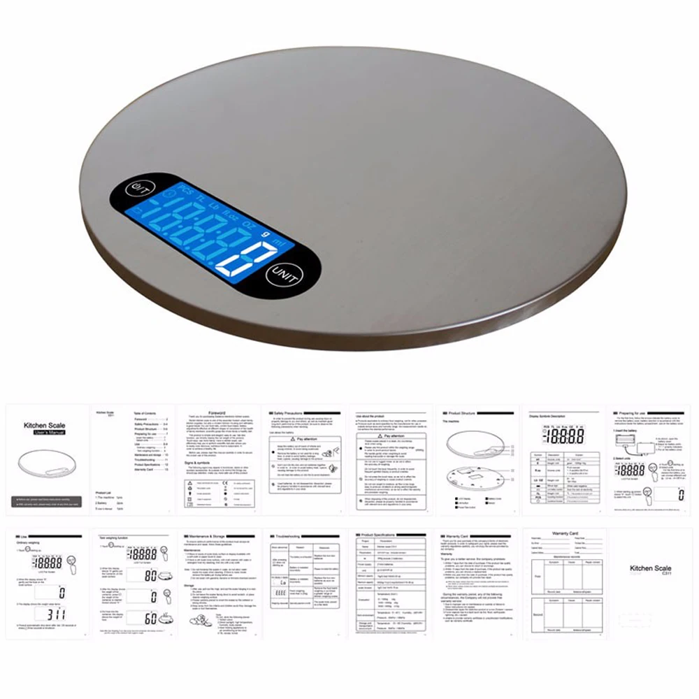 5 кг/1 г ЖК-цифровые кухонные весы круглой формы из нержавеющей стали с дисплеем электронные кухонные весы с вешалкой