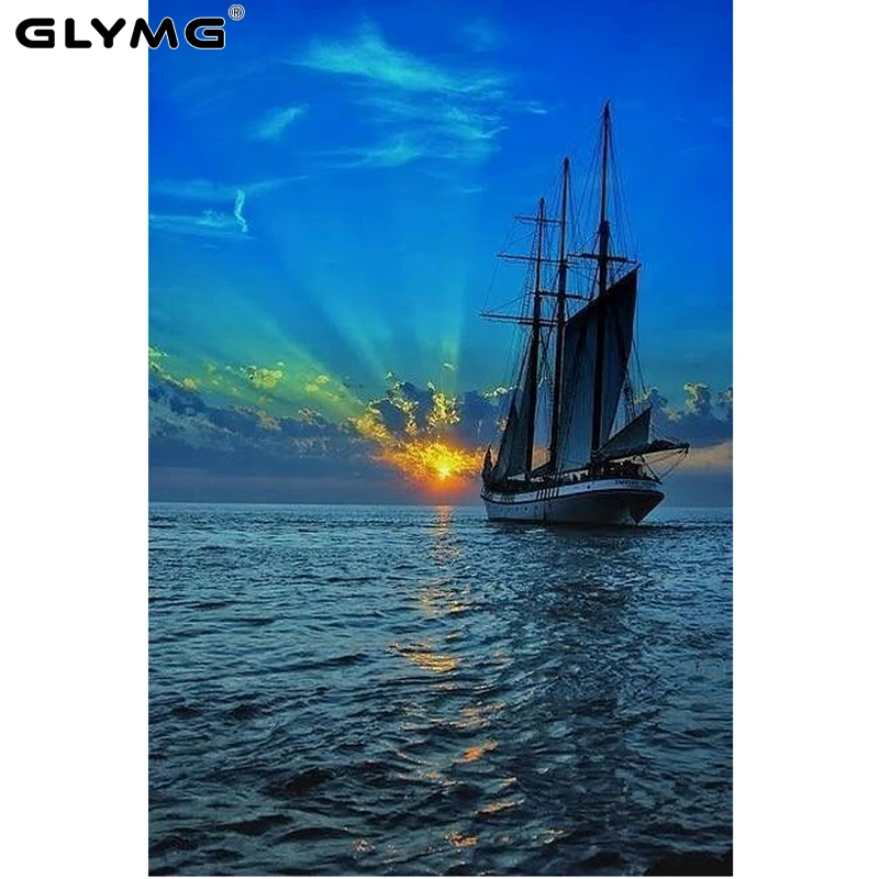 GLymg 5D Diy Diamond Painting Full Sailing on the Sea Blue Sky Diamond Embroidery Full Square Mosaic kit Picture Wall Arts