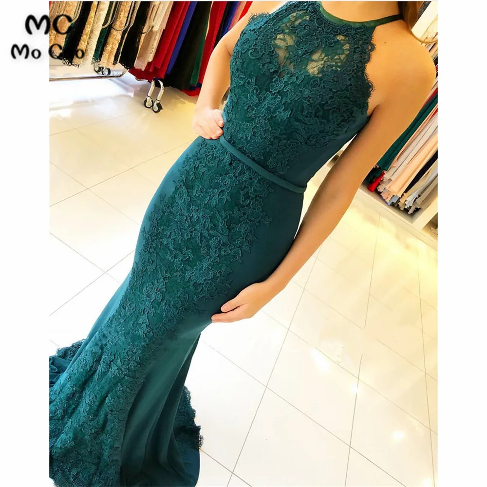 Hunter Green Lace Halter Mermaid Prom Dresses Long Evening Gowns (1)
