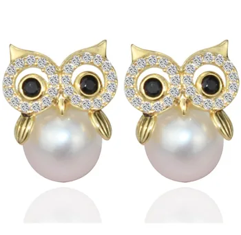 

New Lovely Owl Pearl Stud Earrings S925 Sterling Silver Cultured Pearl Earrings Jewelry Lady Gifts 7.5-8mm Perfectly Round Pearl