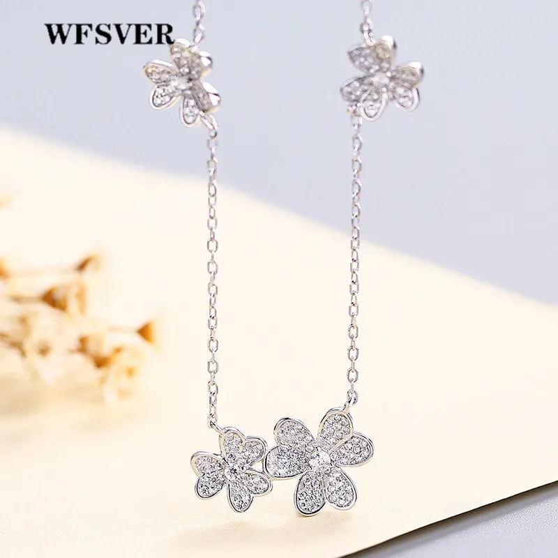 

WFSVER Women 925 Sterling Silver Jewelry Necklace Plant Flower Shape Pendant With Crystal Necklace Female Fashion Jewelry
