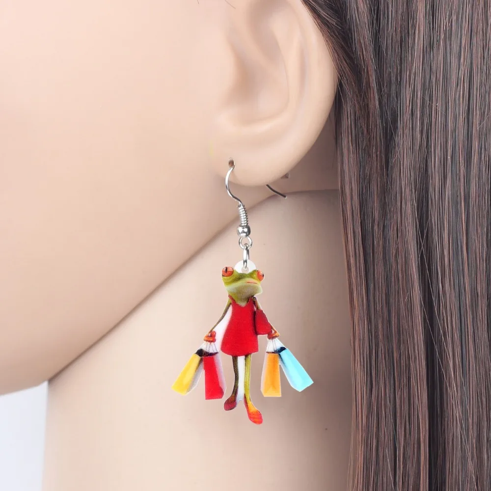 Bonsny Acrylic Shopping Lady Frog Earrings Drop Dangle Fashion Animal Jewelry For Women Girls Ladies Accessories Wholesale Gift