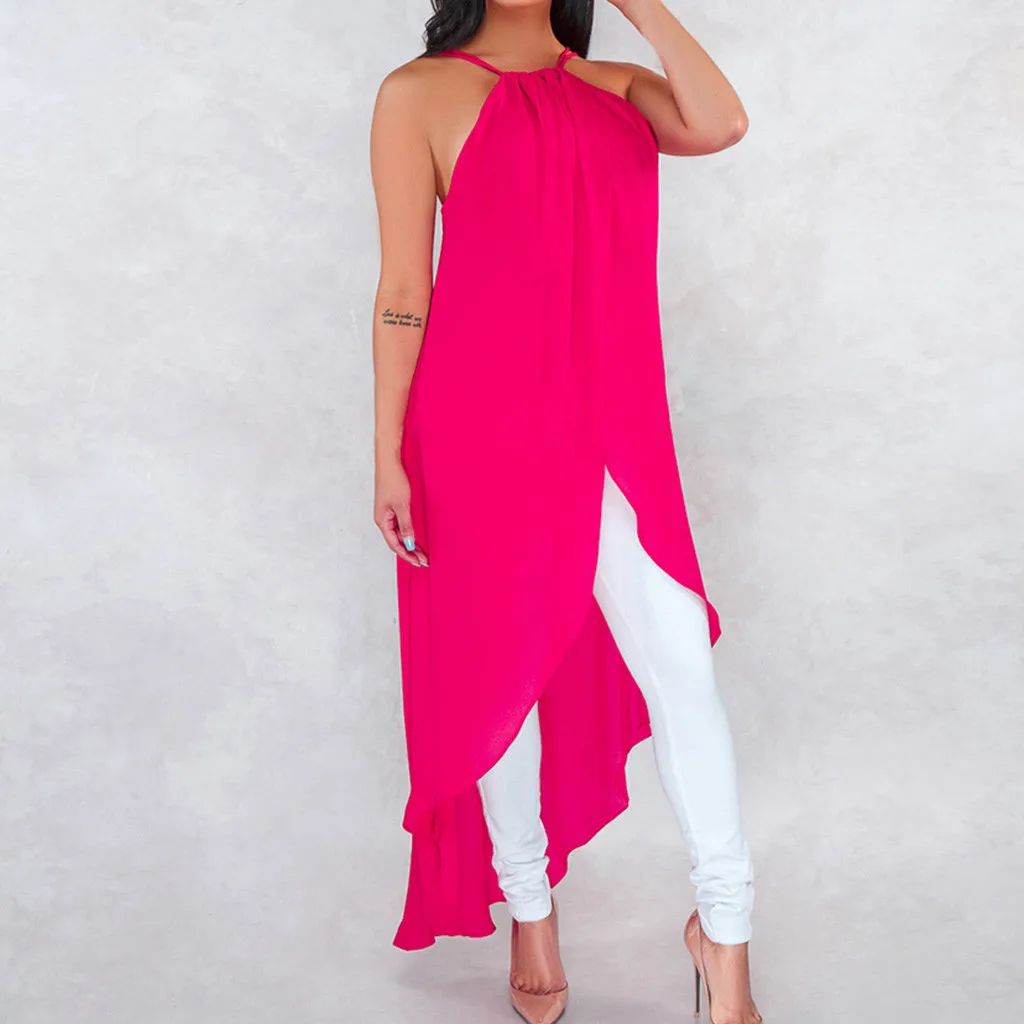 Summer Dress Ladies Summer Sexy Chiffon Halter Strap Halter Solid Color Sexy Dress Women Clothes 2019 robe de plage moda praia
