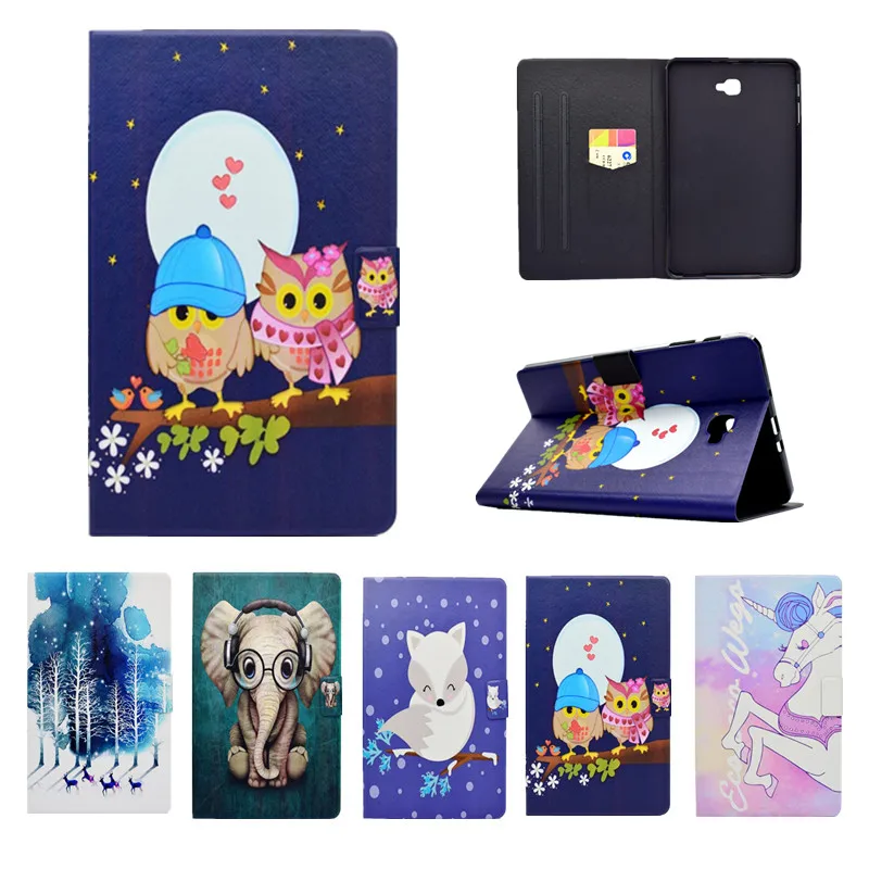 

PU Leather Smart Case for Samsung Galaxy Tab A 10.1" 2016 T580 T585 Cover Wallet Stand Flip Unicorn Elephant Owls Hoesje Coque