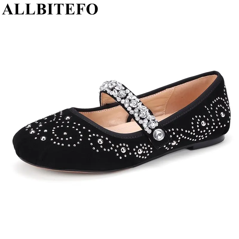 

ALLBITEFO sheepskin sweet Rhinestone round toe ankle strap dancing shoes fashion flat shoes woman women flats ballet flats
