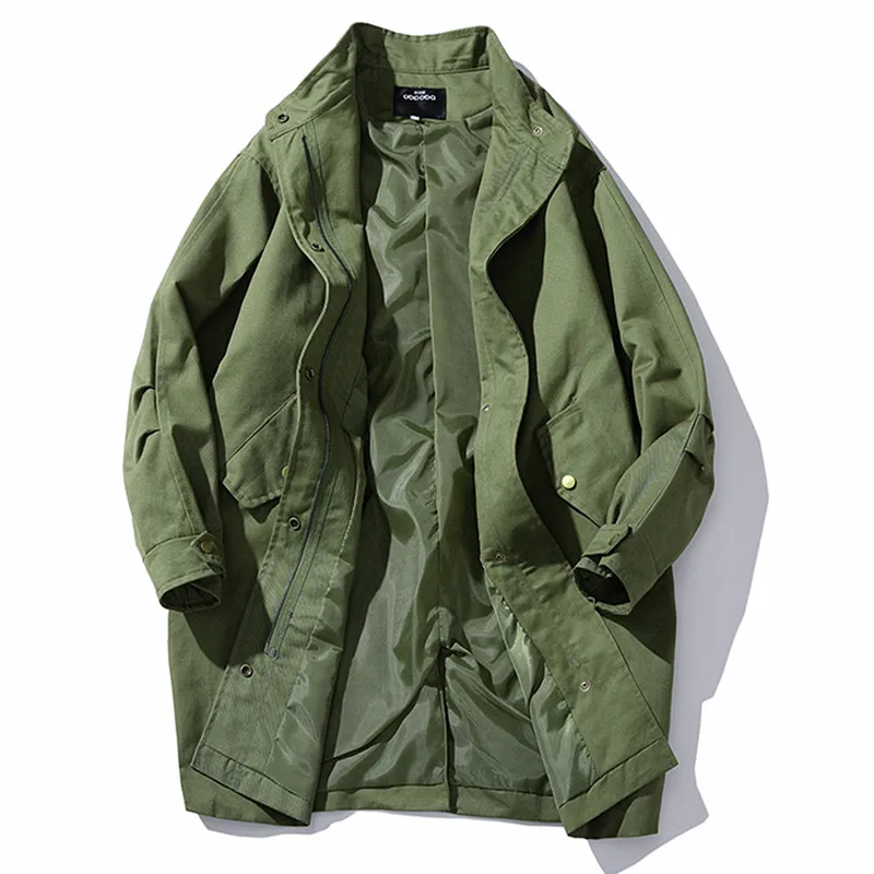 

Men's windbreaker loose solid color tooling long section windbreaker army green spring and autumn new Plus size windbreaker coat