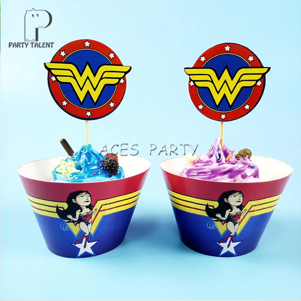 Аксессуары для тортов 24 шт./лот Wonder woman 12 шт. обертки + верхние части детей вечерние