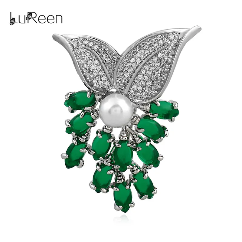 

LuReen AAA Zirconia Green Leaf Brooches For Women Simulated Pearl Flower Brooch Pins Christmas Gift Wedding Jewelry LP0033