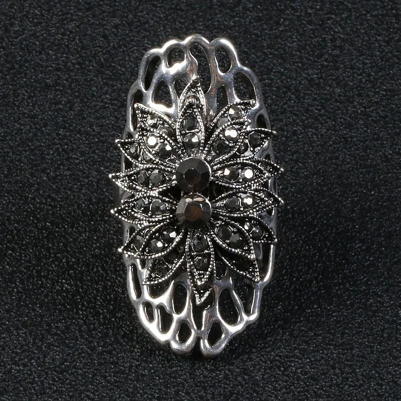 

MYTHIC AGE Black Crystal Retro Vintage Antique Silver Color Geometric Adjustable Resizable Ring Gift Jewelry For Women