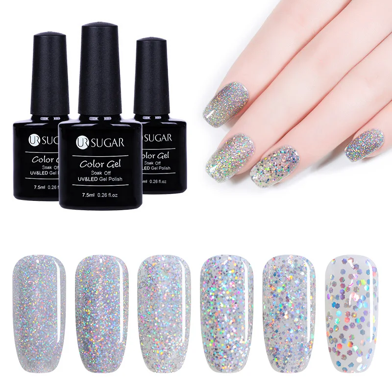 

UR SUGAR 7.5ml Silver Holographic UV Gel Varnish Laser Sequins Sparkle Gel Nail Polish Soak Off Nail Art Lacquer