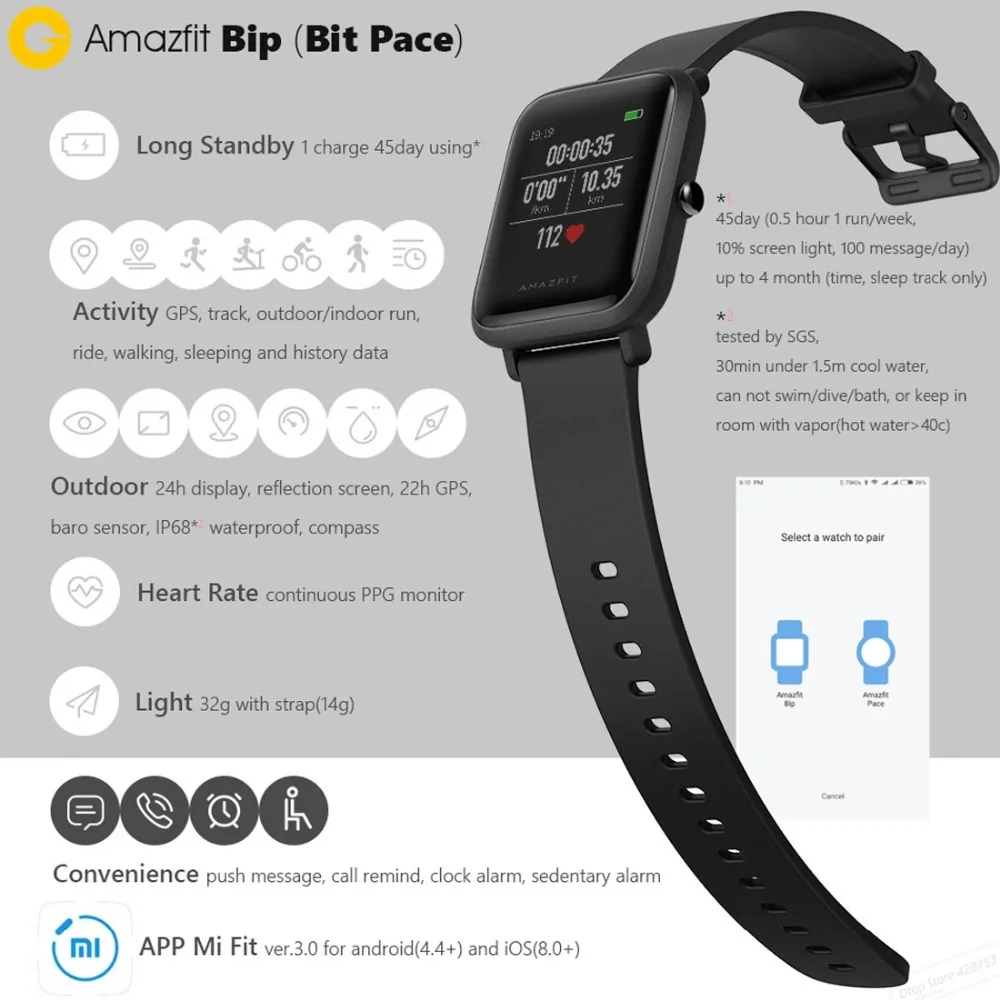 Оригинальная международная версия Xiaomi Amazfit Bip Lite версия ультра-светильник 1,28 ''экран IP68 водонепроницаемый смарт-трекер активности