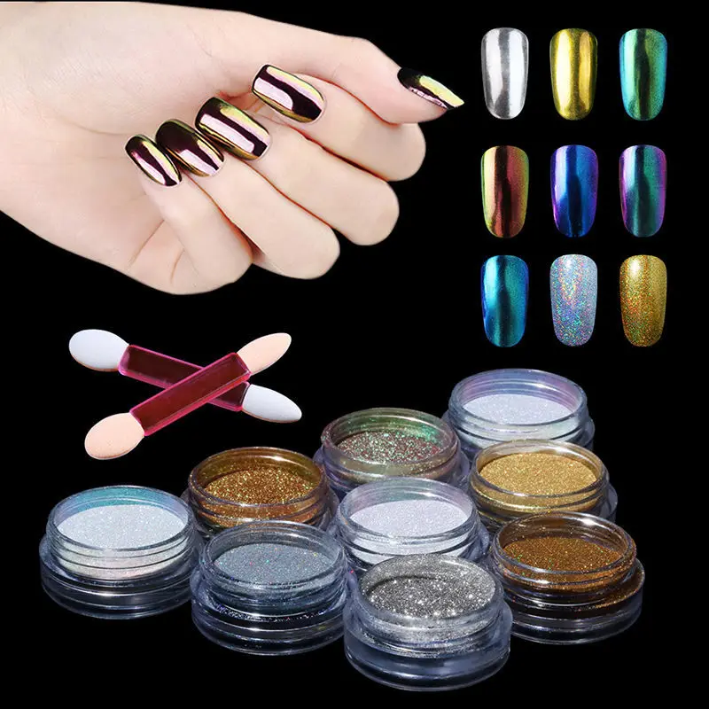 

CLAVUZ Metallic Mirror Effect Holographic Chrome Powder Sponge Stick Nail Art 1g Mirror Powder Bling Pigment for Nail Art