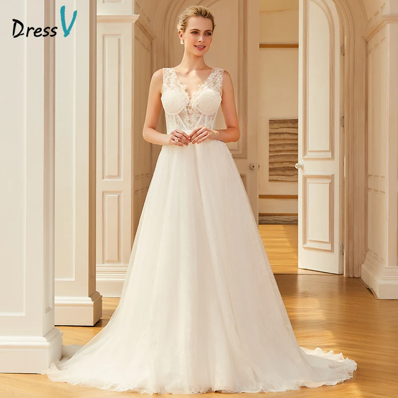 Dressv Elegant Lace V Neck Wedding Dress Sleeveless Court Train