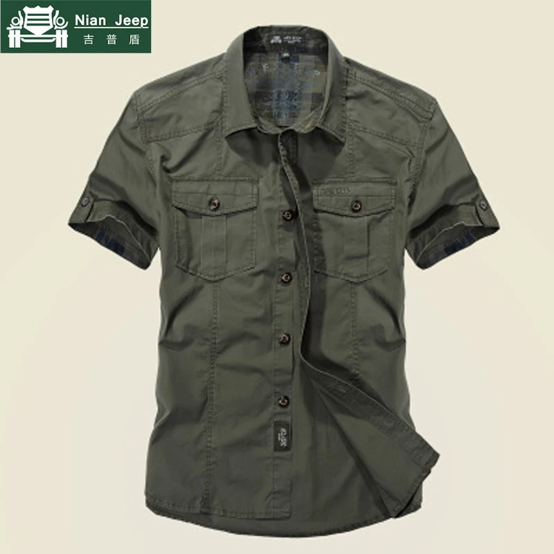 

NIANJEEP Short Sleeves Shirts Men 2018 Summer Brand Cotton Breathable Solid Military Men's Shirt Size M-3XL camiseta masculina