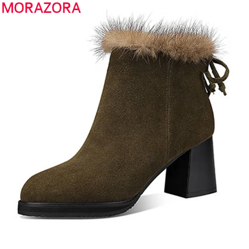 

MORAZORA 2020 new arrival suede leather boots ladies round toe ankle boots zipper autumn winter boots women high heels shoes