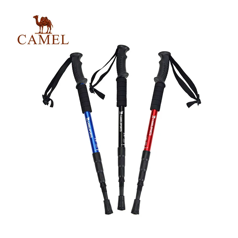 Camello recto agarre mango palo al aire libre senderismo Trekking luz 4-sección ajustable caña de aleación de aluminio de escalada polo