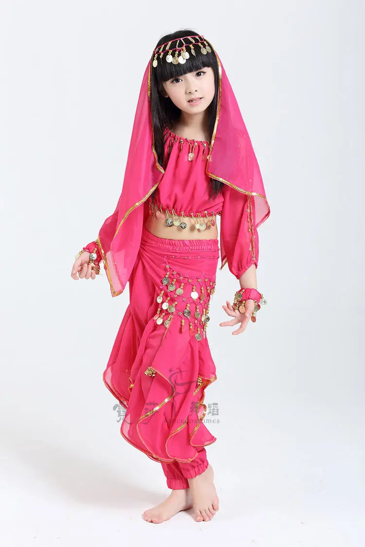 Детский набор костюма для танца живота девочек Болливуд танцевальные костюмы индийский костюм для детей представление танцевальная одежда - Цвет: 3 pcs rose