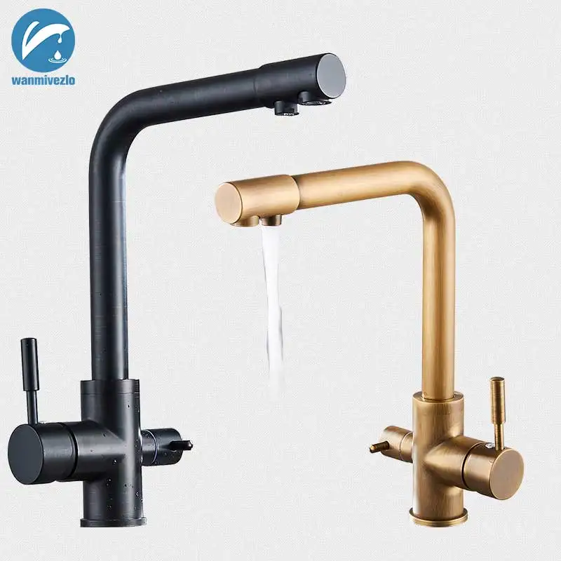 

Chrome Purify Kitchen Mixer Tap Deck Mounted Dual Handle Purification Kitchen Sink Faucet 2 Swivel Spout Water Tap for Kitchen