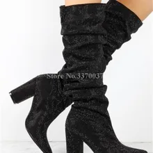 Женские роскошные шикарные сапоги с острым носком; цвет черный, серебристый; стразы; не сужающийся книзу массивный каблук; длинные сапоги; элегантные сапоги до колена; толстый каблук с кристаллами