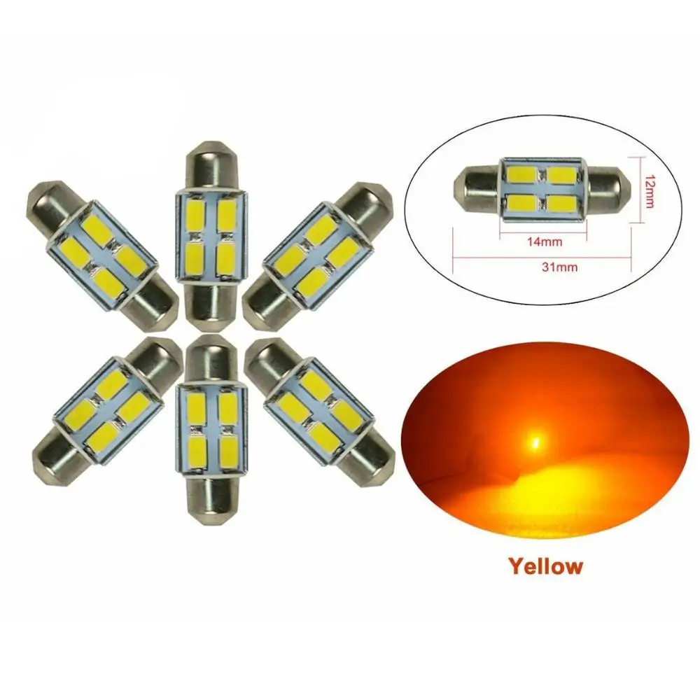 6pc 31mm 4LED 5630 211 Amber Yellow Dome Map Interior Bulb Error Free CANBUS | Автомобили и мотоциклы