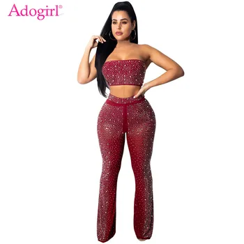 

Adogirl Women Sexy Diamonds Sheer Two Piece Set Strapless Crop Top + Wide Leg Pants Sparkling Night Club Party Suits Outfits