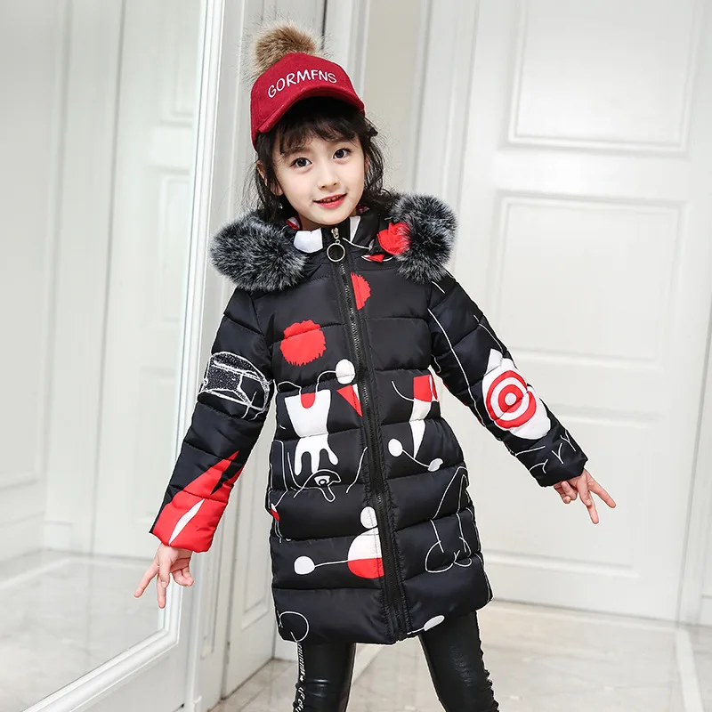 

New Girl Coat with Fur Hood Children Thicken Cotton Parka Autumn Winter Warm Design Stylis Print Zipper Print Decor Kid Clothing