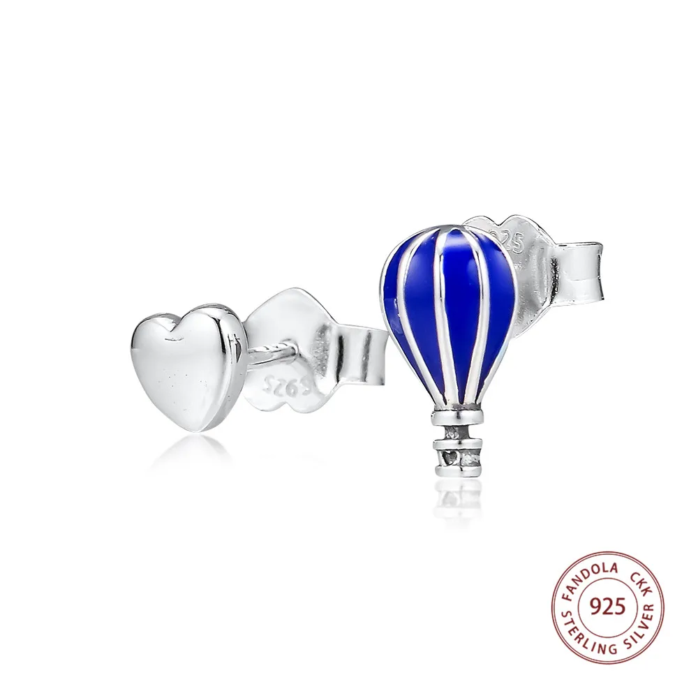 

100% Real 925 Sterling Silver Hot Air Balloon & Heart Stud Earrings for Women Fine Jewelry Silver 925 Earrings pendientes mujer