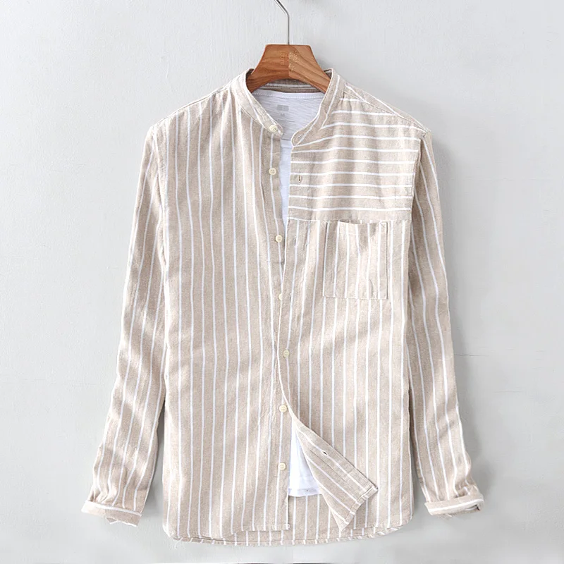 

2018 Autumn long sleeve striped shirt men linen stand collar apricot color stripes cotton shirts male fashion overhemd chemise