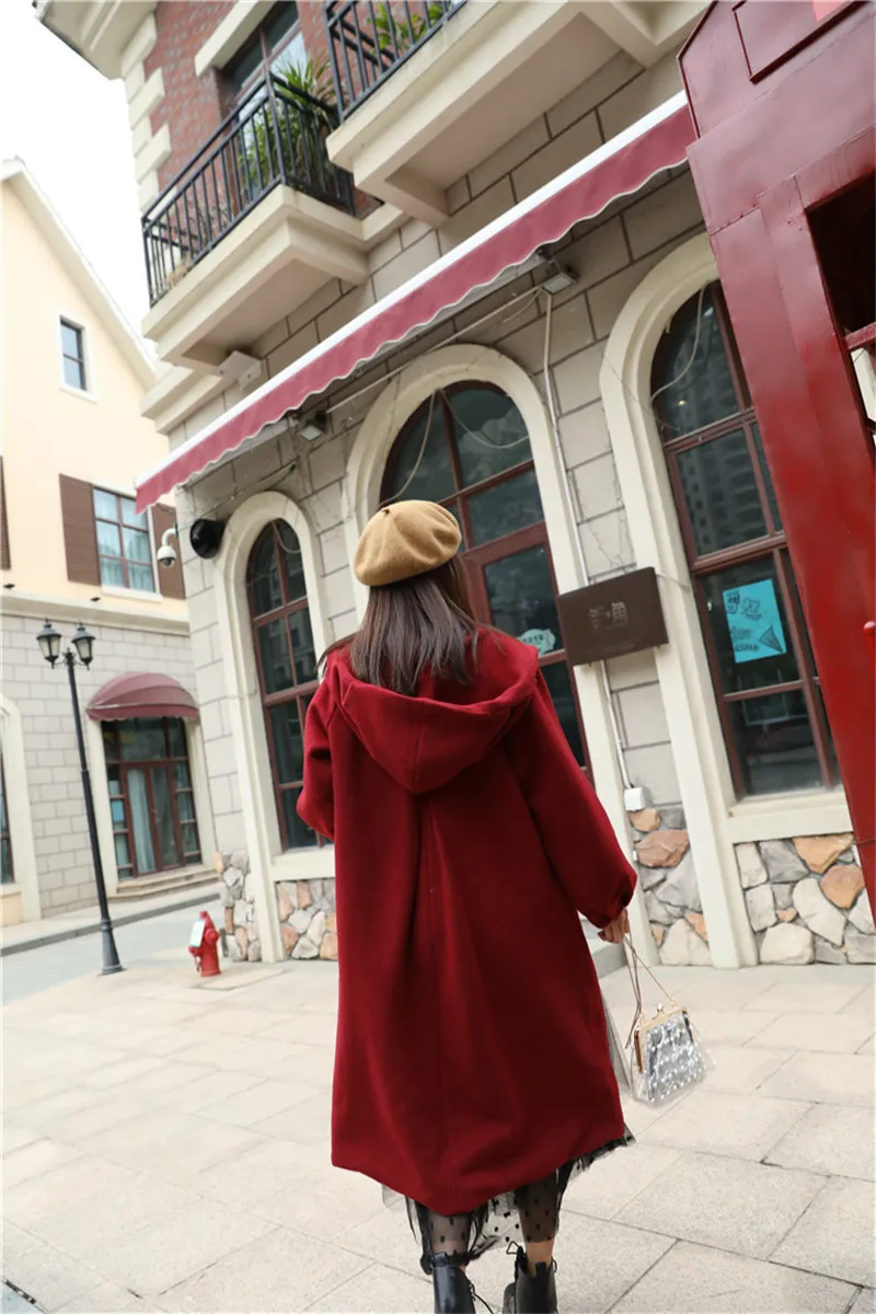 Модное шерстяное пальто для женщин, осенне-зимнее шерстяное пальто, женское корейское длинное пальто с капюшоном X172