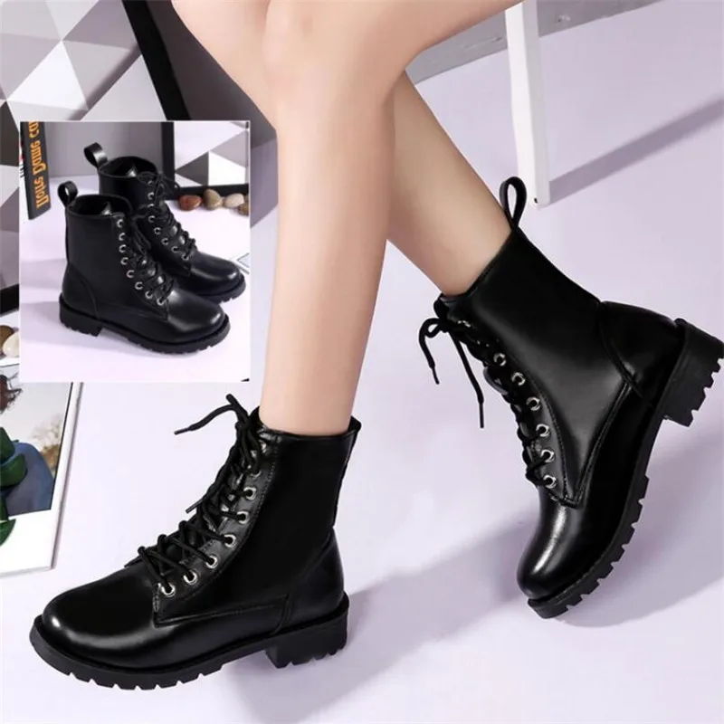 

ELGEER New lace British boots non-slip square with waterproof platform Knight Martin boots Ms. warm and comfortable large size