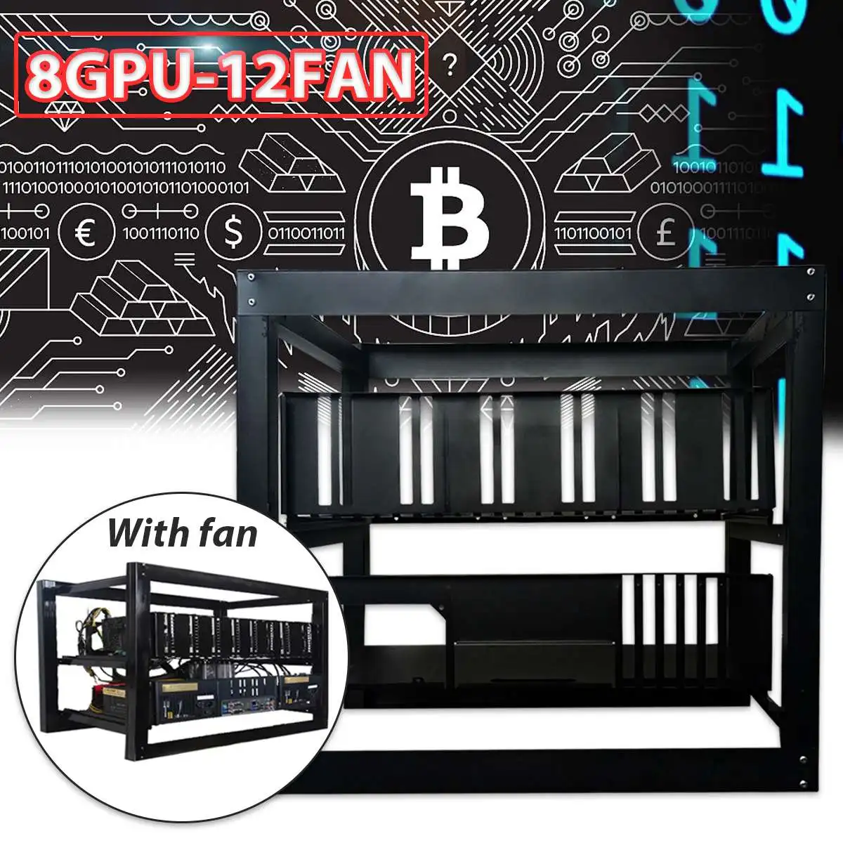 

8GPU Mining Rig With 12 Fan Aluminum Stackable Case Open Air Frame Open Pit Mining Rig ETH/ZEC/Bitcoin