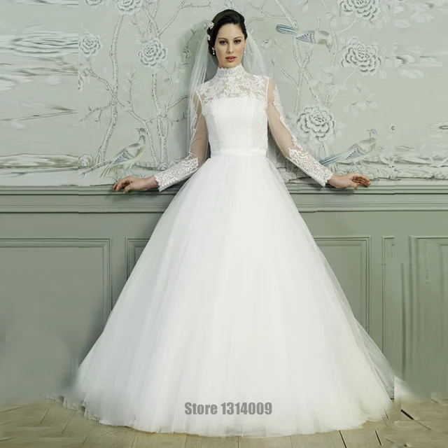 Vintage Wedding Dresses with High Neck Lace