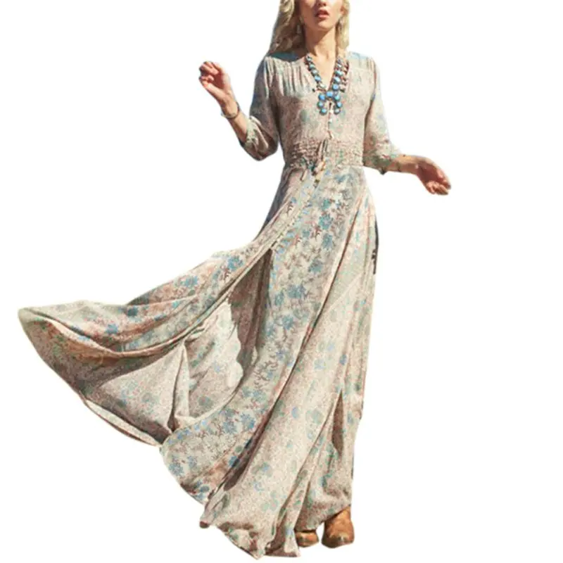 

Women Causal Dress 3/4 Sleeve Beach Bohemian V Neck Floral Split Long Maxi Sundress Dresses vestidos