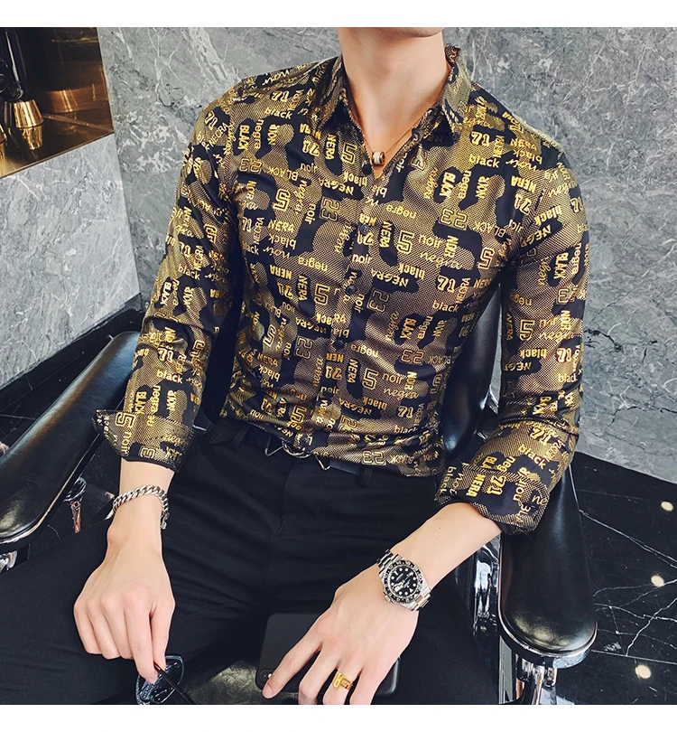 Camisa Social, приталенные, серебристые, золотые, с принтом, рубашки, Camisa MasculinaRopa De Hombre, повседневные рубашки, мужские Клубные рубашки, дизайнерские