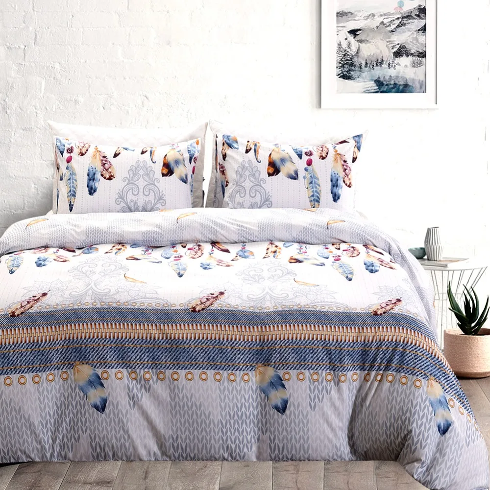 

Hot Feather Pattern Bedding Set Polyester BS106 Twin Queen King Duvet Cover Pillowcases Duvet Covers For Home Dorm Beds