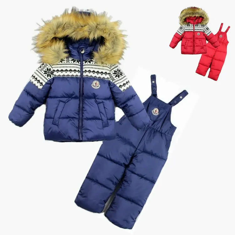 

2016 New winter children boys clothing set baby & kids warm windproof ski garment fashion 2 pcs set fur hooded snowsuits 3-6T