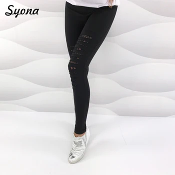 

Knee Cut Leggings Thin For Woman Trousers Stretch Pencil PANTS Hole Destroyed Broken Skinny Ripped Elastic Waist Straight Capri