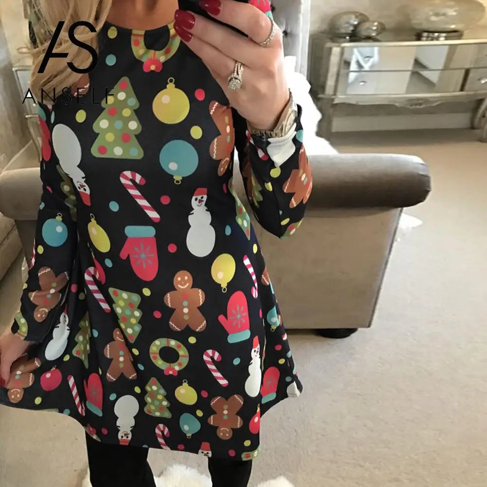 

Christmas Dress Women Xmas Tree Print Dress Elk Snowflake Long Sleeve Casual Autumn Winter A-Line Party Dresses female vestidos