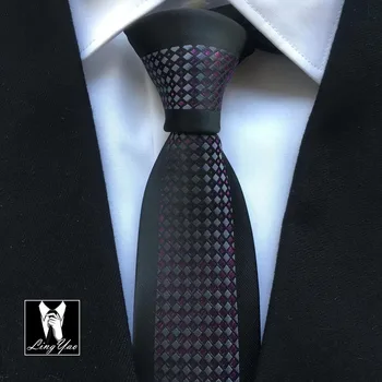 

Unique Designer Skinny Ties Fashion Men Necktie Black Border with Shinny Purple Blue Checkers Grids