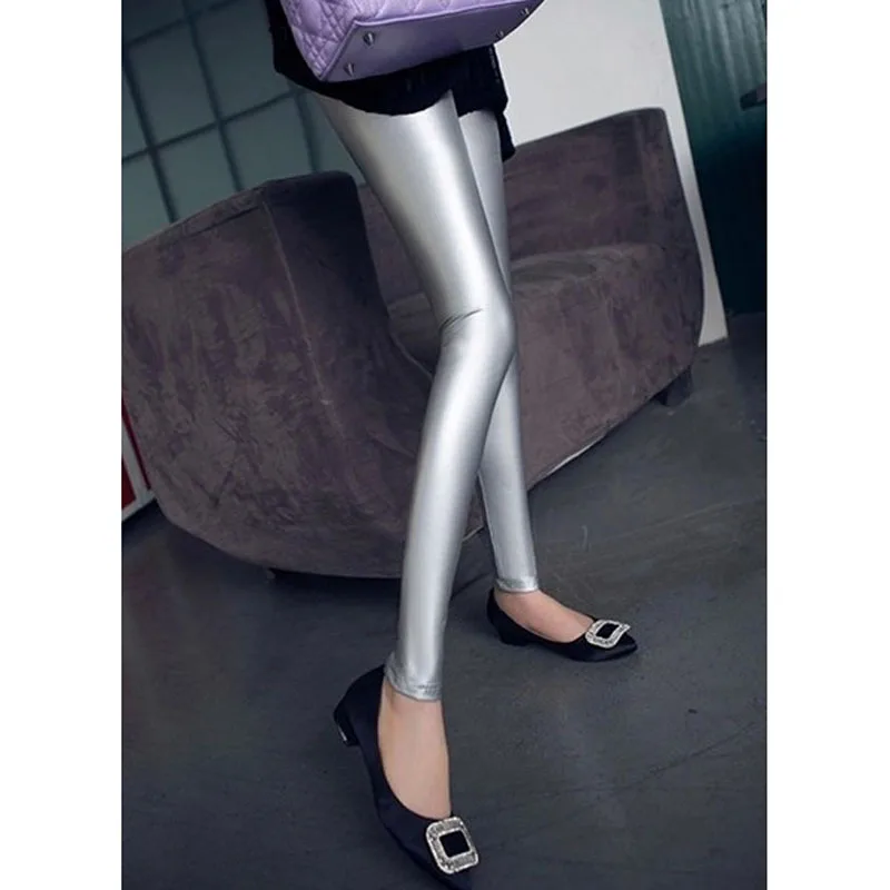 Леггинсы для фитнеса размера плюс с низкой талией, женские сексуальные кожаные леггинсы, блестящие облегающие узкие брюки из искусственной кожи, женские штаны, уличные Капри - Цвет: silver