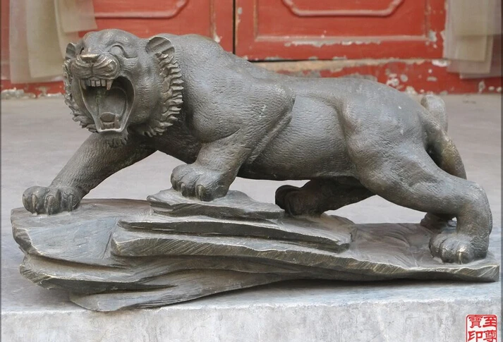 

009157 24"China Bronze Wild Tiger Wander in the granite stone king of beasts statue