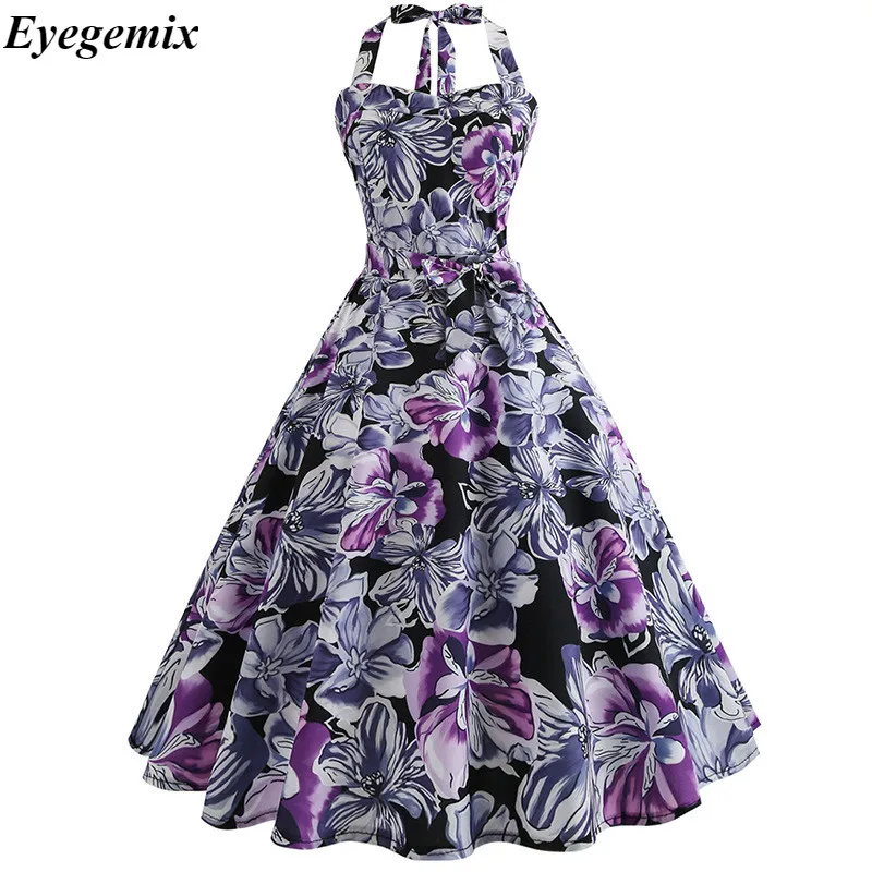 

Summer Dress Large Size Print Dress Women Punk Strapless Halter Party Dresses Bowknot Self Gothic Dress Clothing Swing 1950s 60s