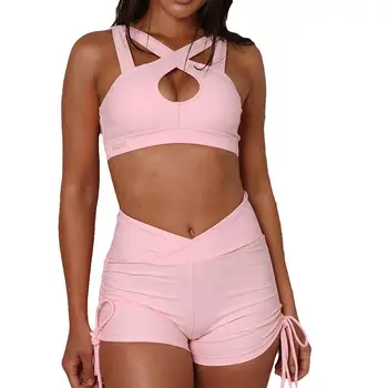 

New 2Pcs/Set Women Cutout Sleeveless Crop Top Bandage Shorts Fitness Sportswear