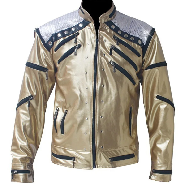 Редкий панк-рок мотоциклетный классический MJ Майкл костюм Джексон Beat it Золотая куртка на молнии для фанатов лучший подарок