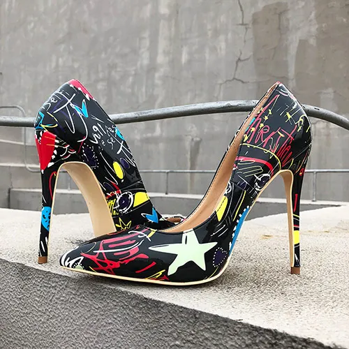 Veowalk/пикантные женские туфли на высоком каблуке-шпильке с художественным принтом граффити; черные женские вечерние туфли-лодочки с острым носком; Индивидуальный заказ - Цвет: Black 10cm Heels