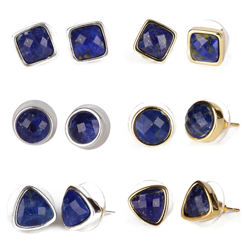 

Faceted Square Triangle Round Natural Dark Blue Lapis Lazuli Semi-precious Stone Charm Gold Silver Color Stud Earrings For Women
