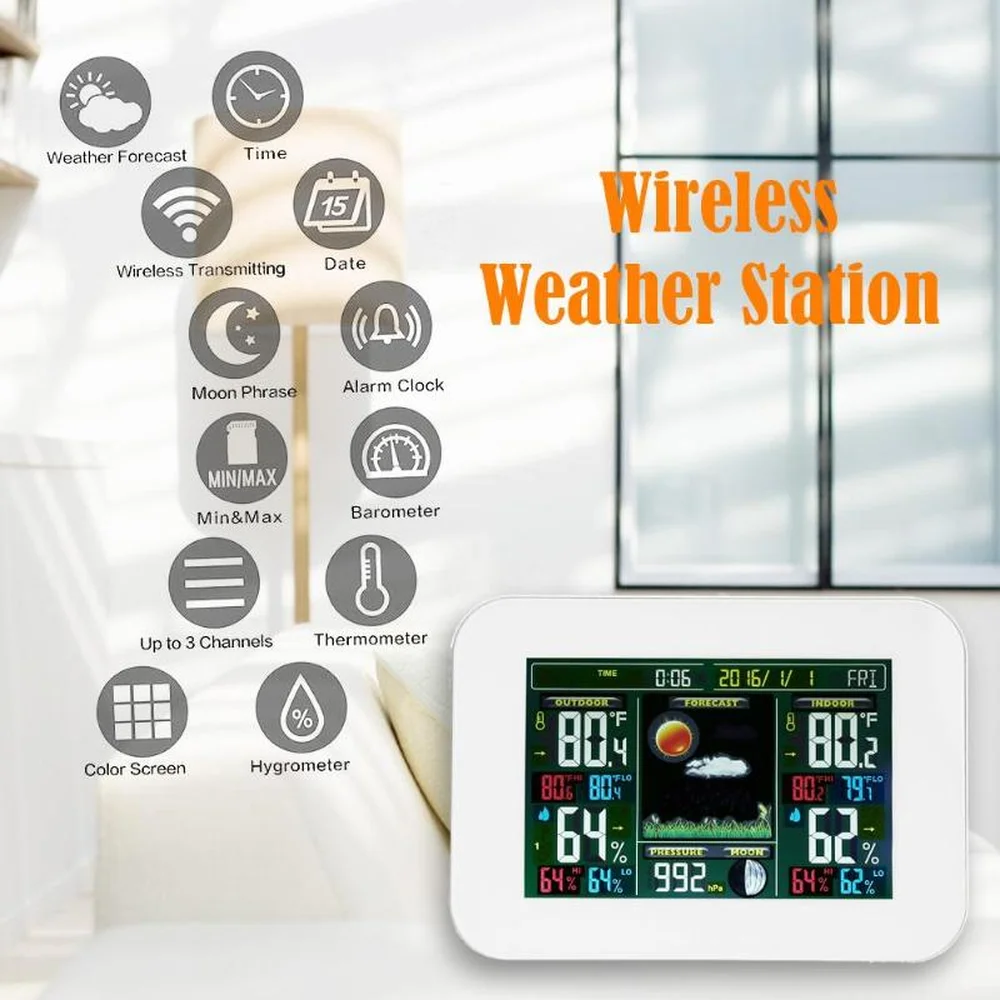 

Digital Color Wireless Weather Station With Forecast Sensor Temperature Humidity US/EU Plug Alarm Thermometer Hygrometer Clock