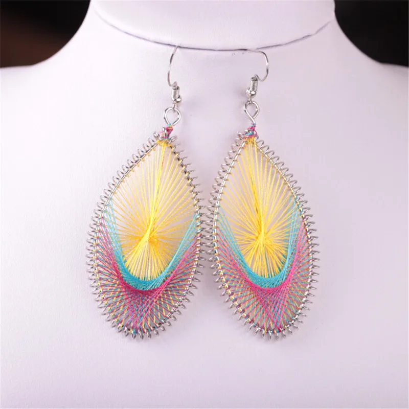 

Brand Fashion National Bohemian Earring Jewelry Wire Thread Silk Oval Handmade Big Dangle Earrings Leaf Earring