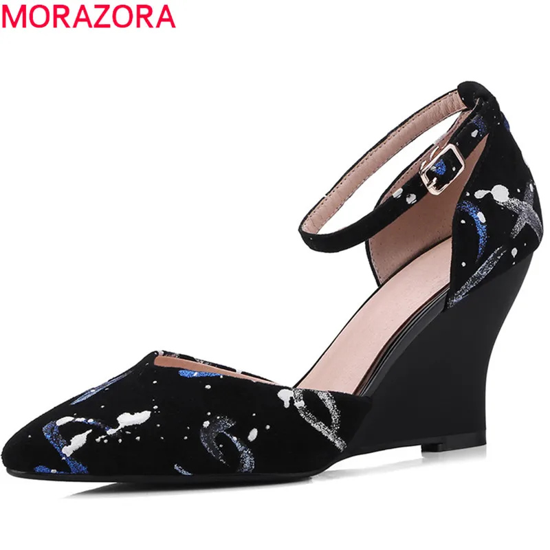 

MORAZORA 2018 new fashion suede leather ladies shoes pointed toe pumps women shoes simple buckle party wedding wedges shoes