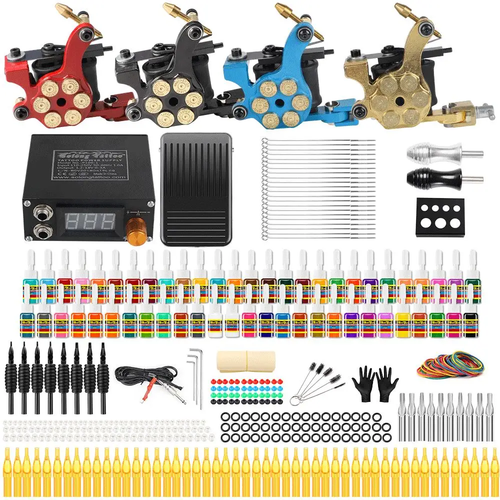 

Solong Tattoo Complete Tattoo Kit 4 Pro Rotary Machine Guns Set 54 Inks 5ML Power Supply Needle Grips TK458